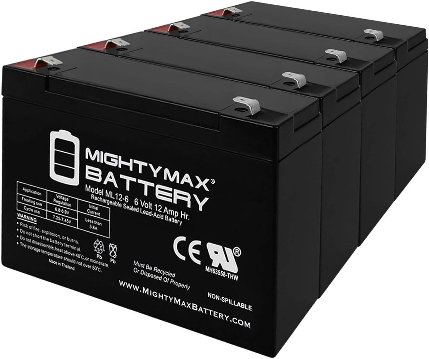 Mighty Max Battery ML12-6F2-6 Volt 12 AH, F2 Terminal, Rechargeable SLA AGM Battery