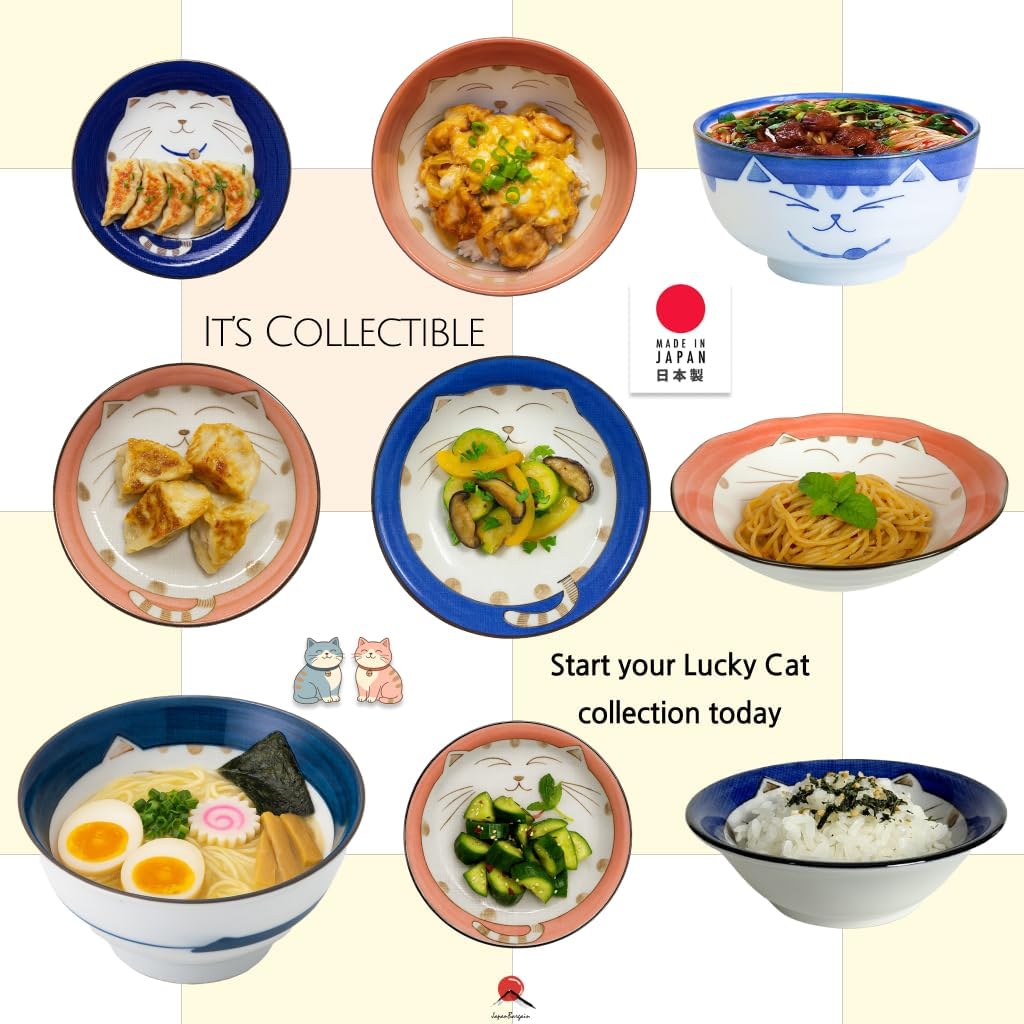 JapanBargain Set of 2 Japanese Porcelain Bowls, Large 7.5 Inch Ramen Udon Noodle Rice Soup Pho Poke Cereal Bowl, Maneki Neko Smiling Lucky Cat Pattern