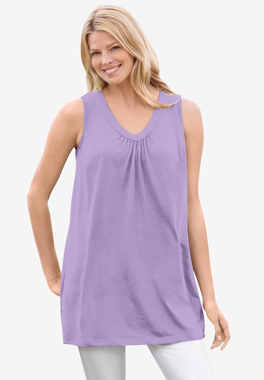 Woman Within Perfect Sleeveless Shirred V-Neck Tunic