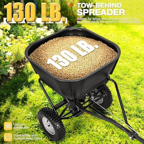 AugFir Tow Behind Broadcast Spreader, 130 LBS Capacity Lawn Fertilizer Spreader for Riding Mower, ATV, UTV & Tractor