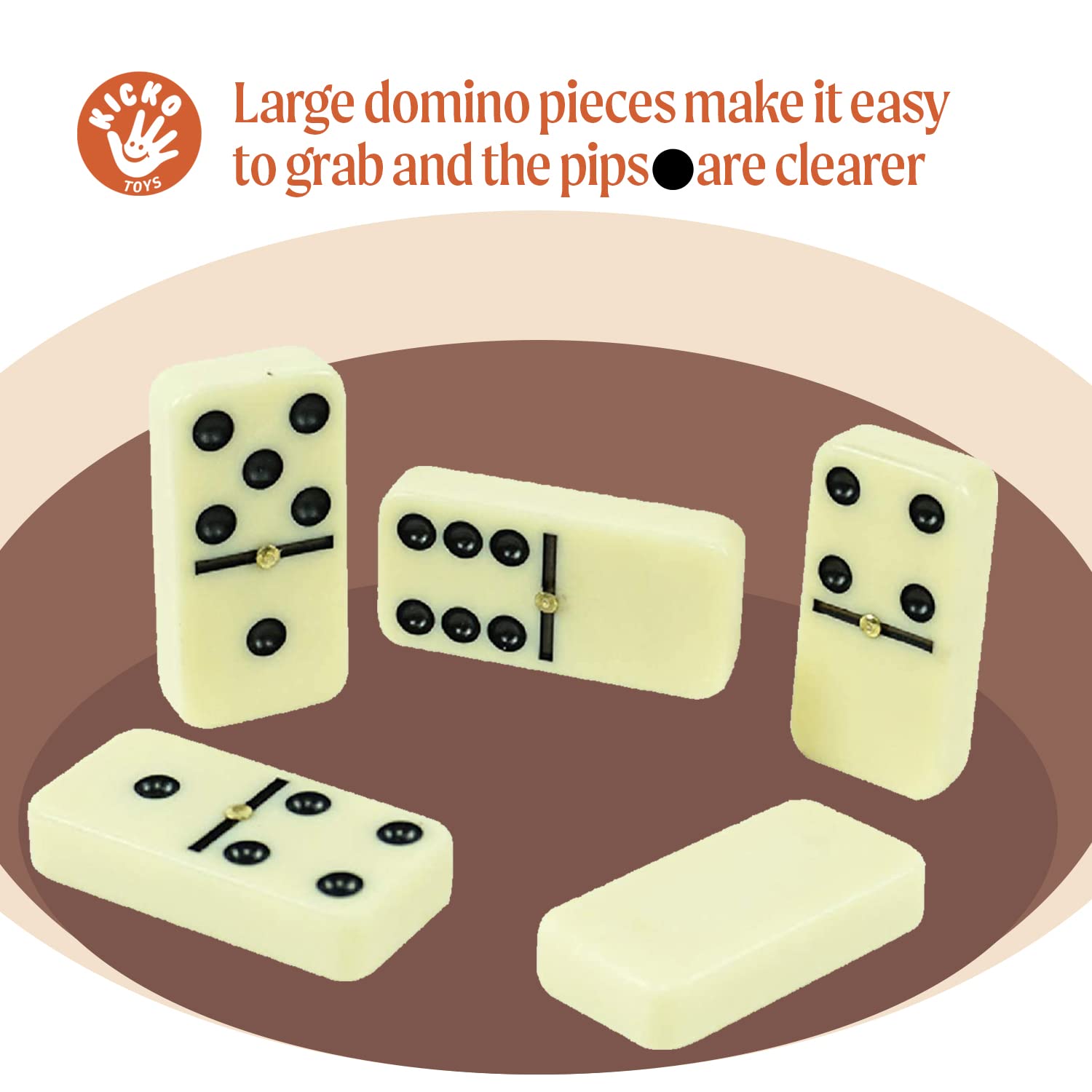 Kicko Domino Set - 28 Pieces Double Six Classic Dominoes in Durable Wooden Brown Box - Fun Mini Board Game for 2-4 Players - Ideal for Boys, Girls, Adults - Family Game Night and Vintage Party Games