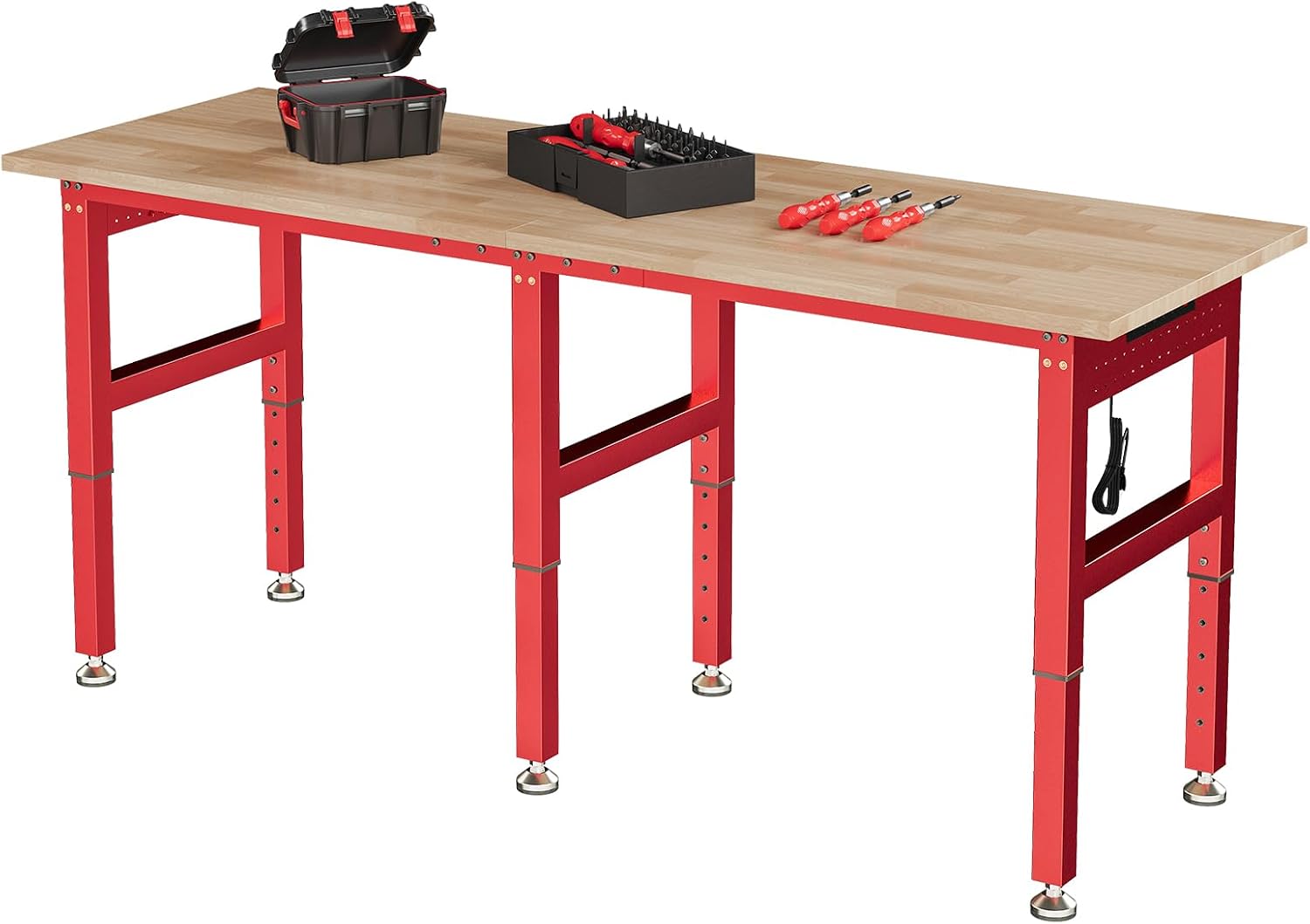 SPECRAFT Adjustable Black Heavy-Duty Workbench | 2000 Lbs Capacity, Rubber Wood Top, 4 AC Outlets and 2 USB Ports, for Garage, Workshop and Office