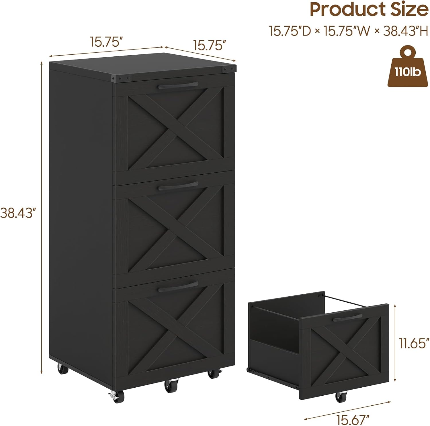 3 Drawers Tall Farmhouse File Cabinet with Wheels for Home Office, Black | Halitaa Vertical Filing Cabinet Fits Letter/A4 Size, Rolling File Cabinet Wooden Printer Stand for Home Office
