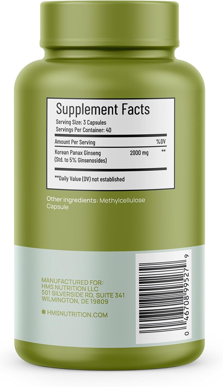 Korean Red Panax Ginseng 2000mg Supplement – 120 Vegan Capsules, Max Strength Ginsenosides, NSF Certified Extract for Energy, Stamina, Focus