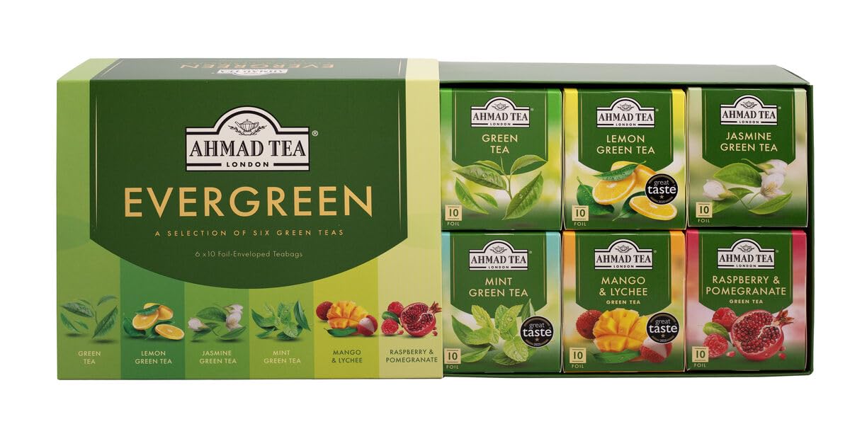 Ahmad Tea Green Tea, Evergreen Selection Pack Teabags, 60 Foil Teabags - Caffeinated & Sugar-Free