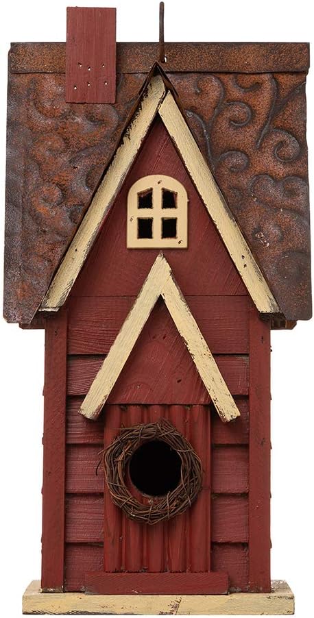 Glitzhome 12" H Green Hanging Distressed Solid Wood Garden Bird House Decorative Birdhouse