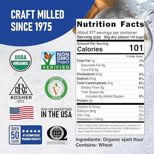 Great River Milling Organic Spelt Flour, Ancient Grain, 25 lb