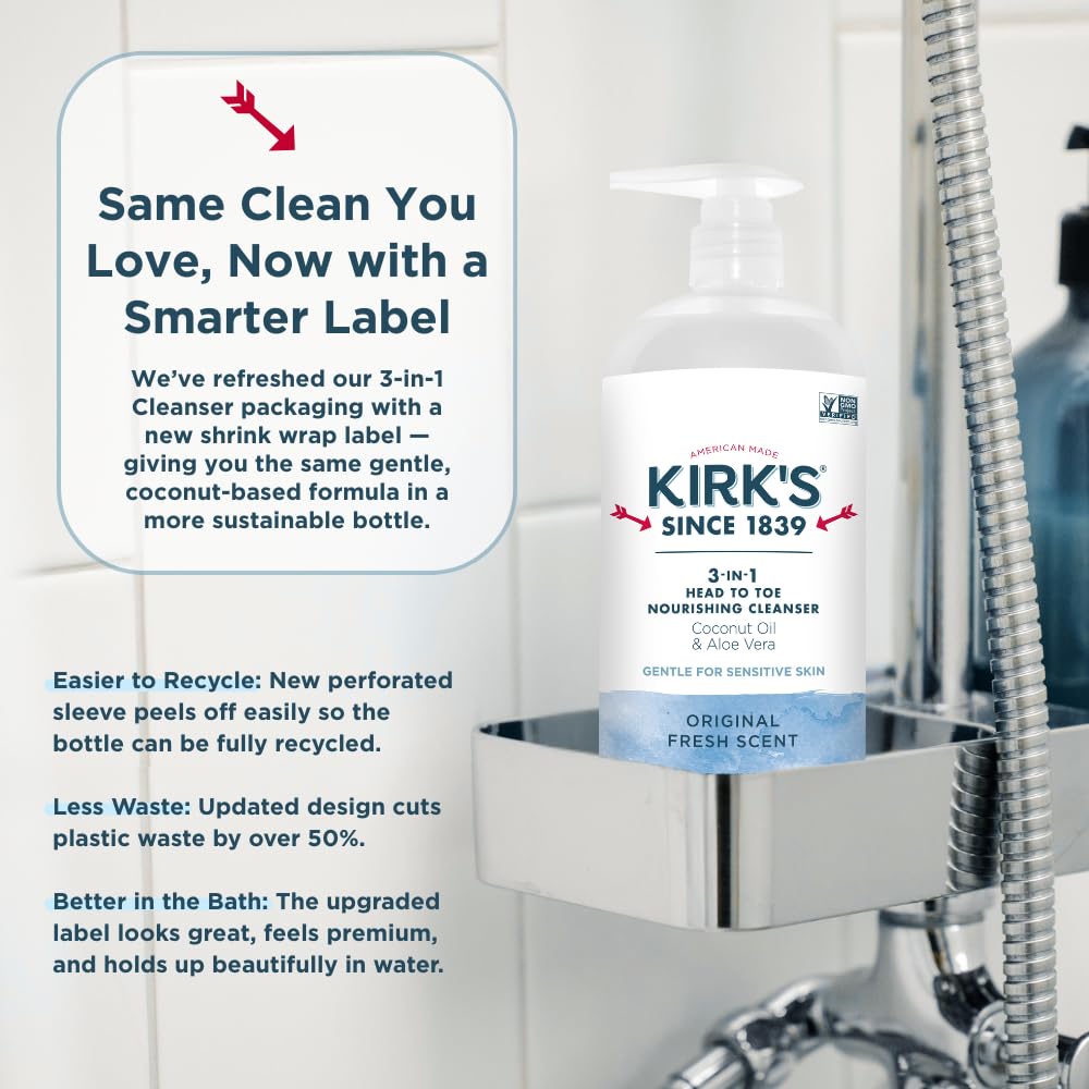 Kirk's Juniper & Lime​ 3-in-1 Nourishing Cleanser, Shampoo Body Wash Bubble Bath, Coconut Oil and Aloe Vera, Vegan Non-GMO, 32 Fl Oz
