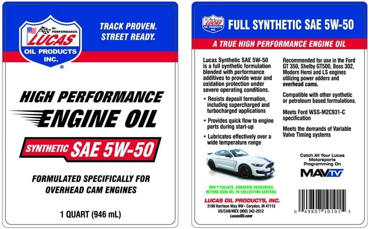 Lucas Oil 10101 Synthetic SAE 5W-50 Motor Oil API SP - 1 Quart