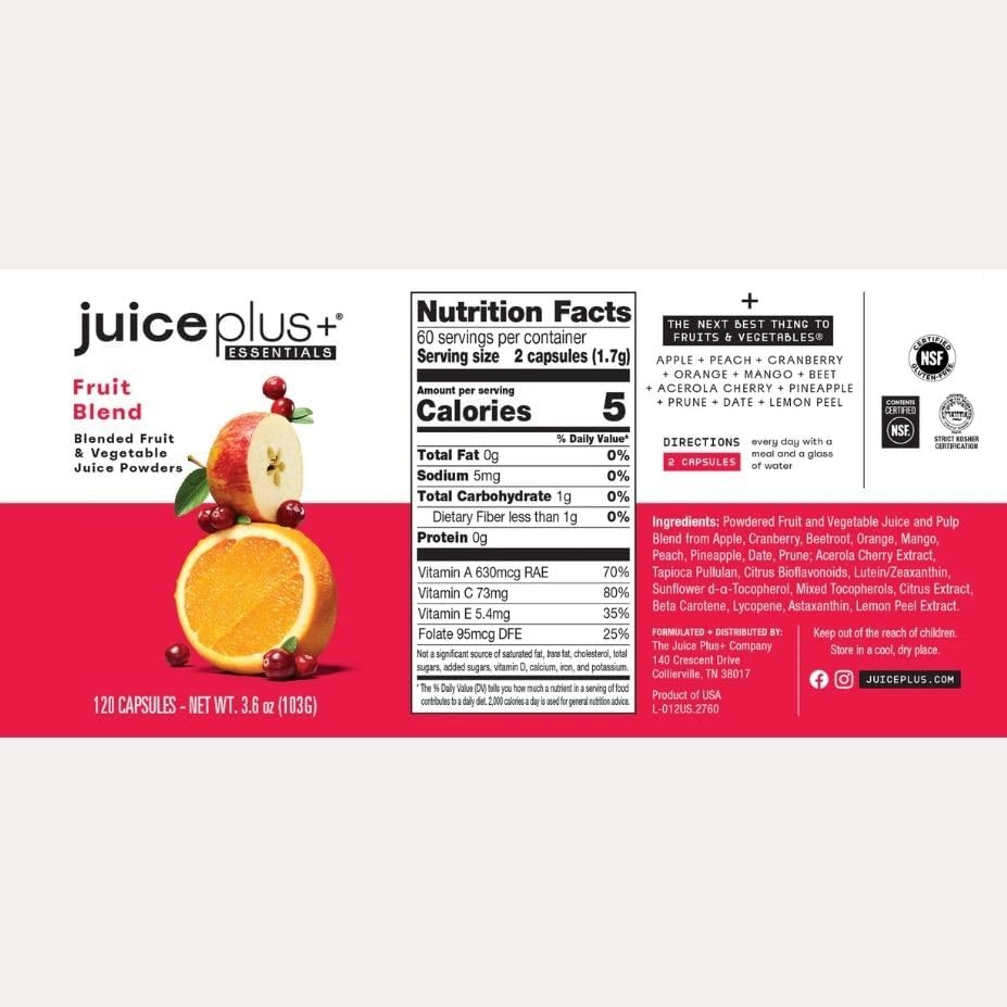 JuicePlus+ Fruit & Vegetable Blend, 2 Bottles (60+60 Servings) | Made from 20 whole fruits & vegetables — peels, leaves, seeds included — convenient daily fruit and veggie blend