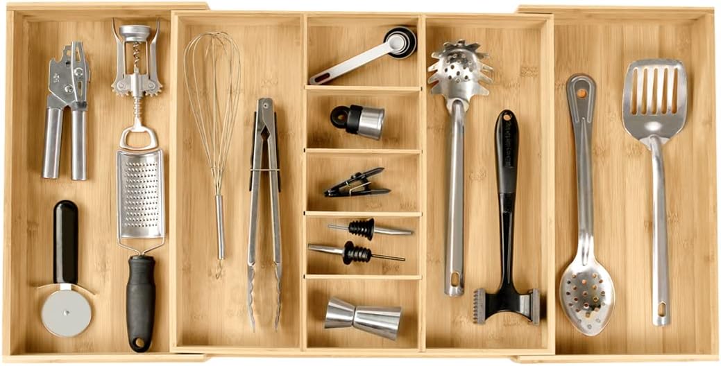 Utensil & Junk Drawer Organizer, 16-28 in, Bamboo | Food-safe contract grade, 100% sustainable wood, non-slip, adjustable