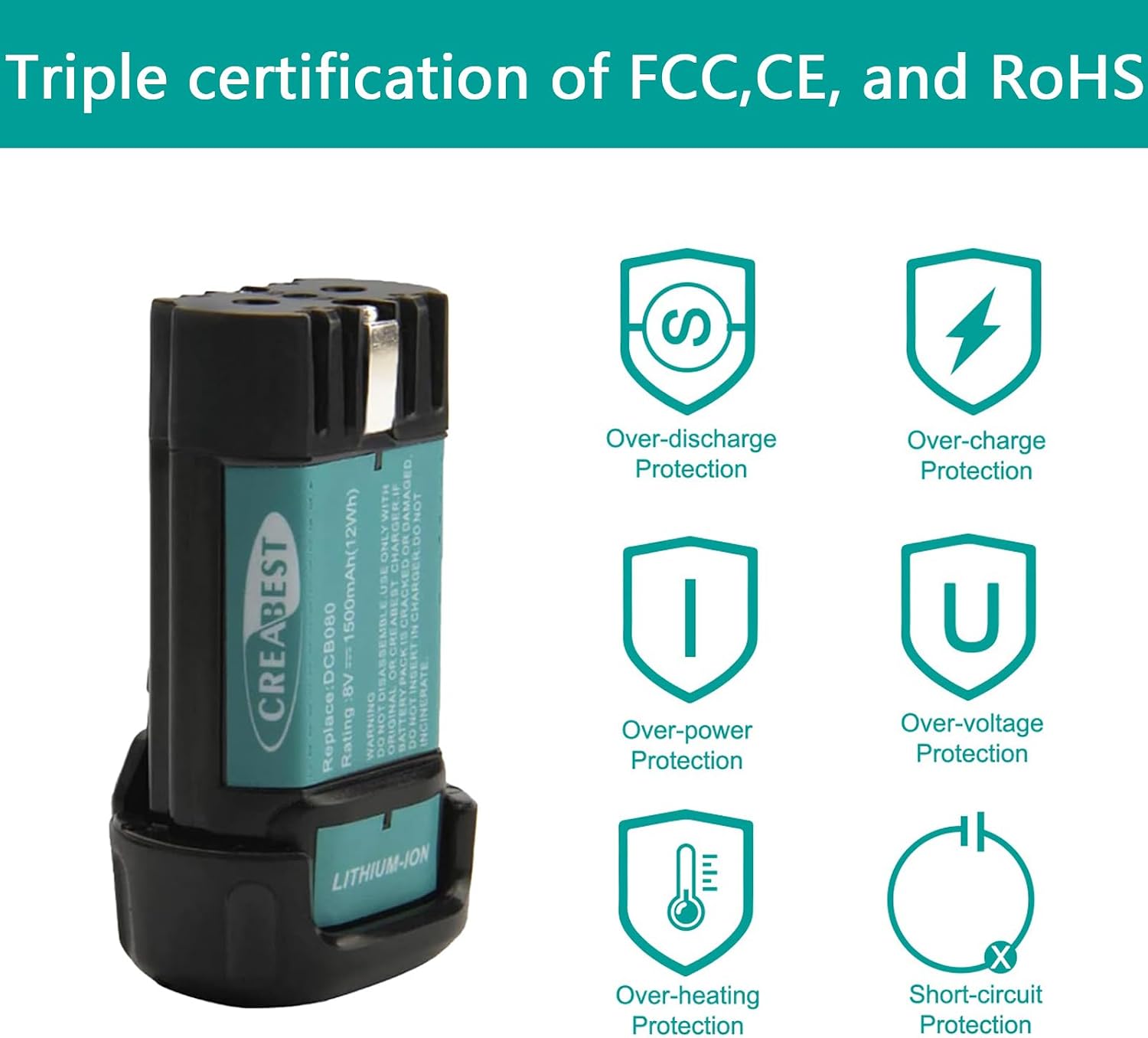 CREABEST 1500mAh 8V MAX Replacement Battery Fits DEWALT DCB080 DW4390 | Compatible with DCB080 DCF680N1 DW4390 DCF680N2 DCF680G2 DCF680N1 DW4390