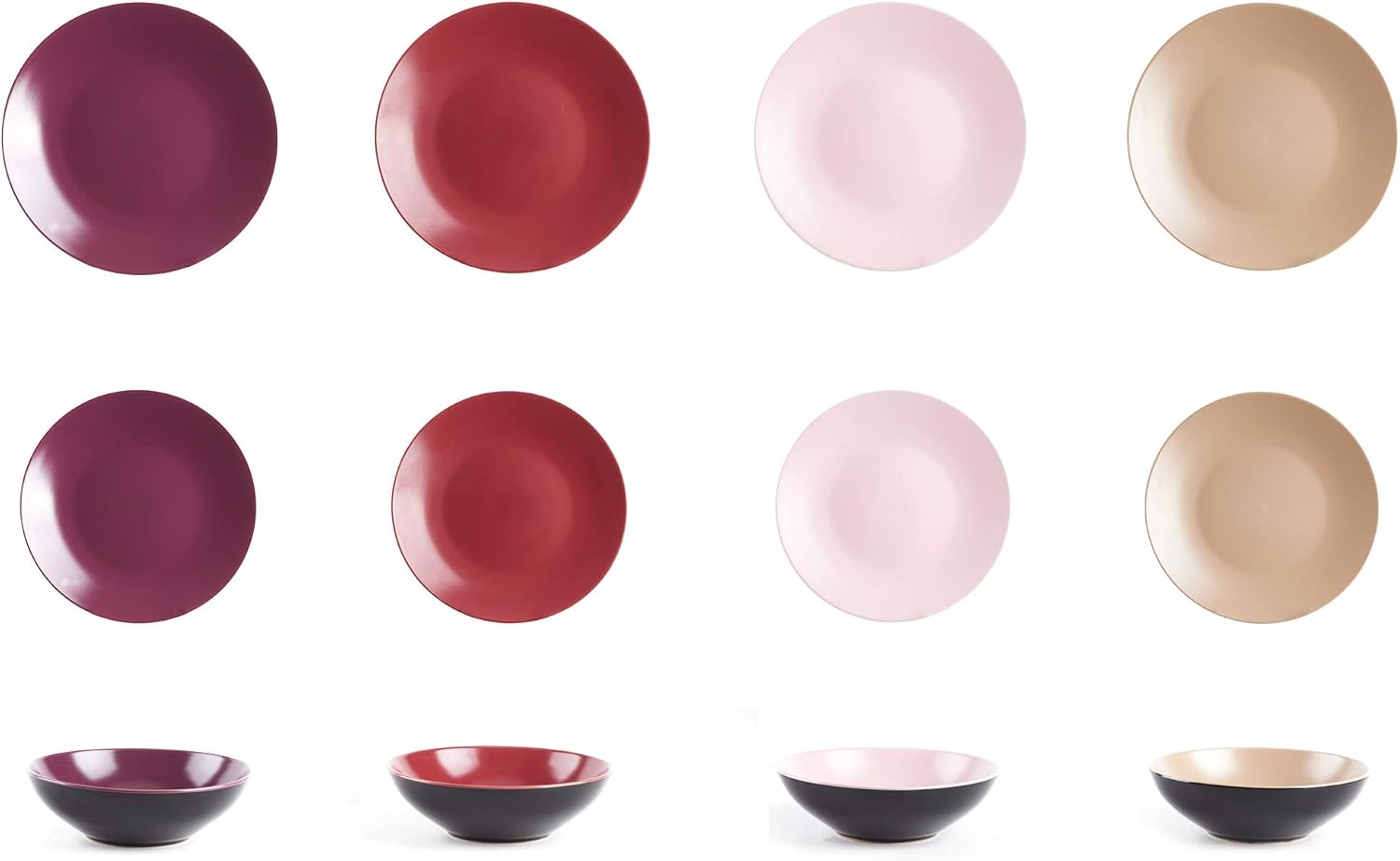 Stoneware Two-Tone Colors Life 16pc Dinner Set，Outside Shiny Black + Inside Matte Glaze Olive