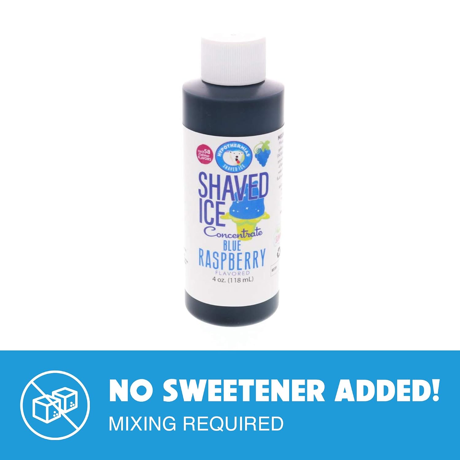 Hypothermias Shaved Ice and Snow Cone Syrup Unsweetened Flavor Concentrate - 4 Fl. Oz - Makes 1 Gallon of Syrup - Blue Raspberry - Must Add Filtered