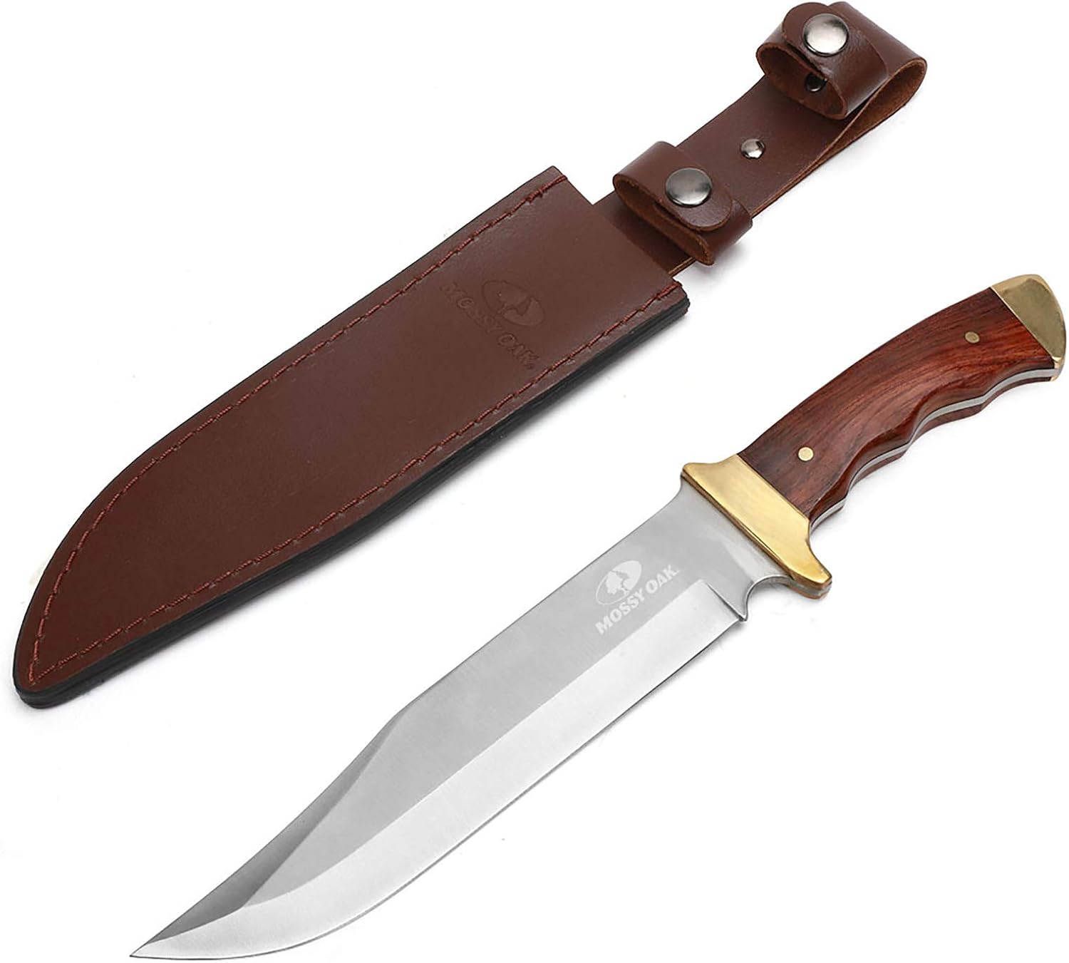 Mossy Oak 14-inch Bowie Knife, Wood Handle, Hunting Knife | Full-tang Fixed Blade, Leather Sheath, Hunting Knives for Camping, Hiking, Survival