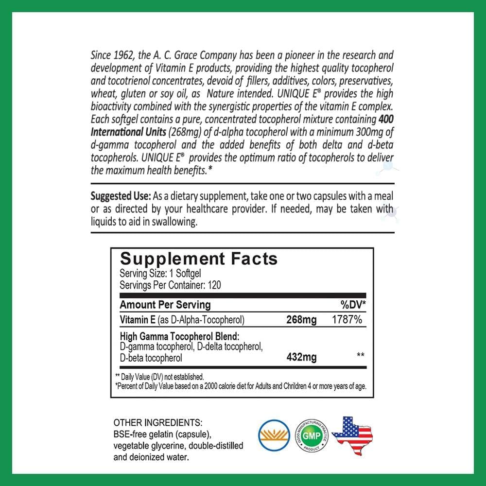 UNIQUE E A.C. Grace Company Mixed Tocopherols 120 Soft Gels, Supports Healthy Brain Function, General Health, and Aging Support