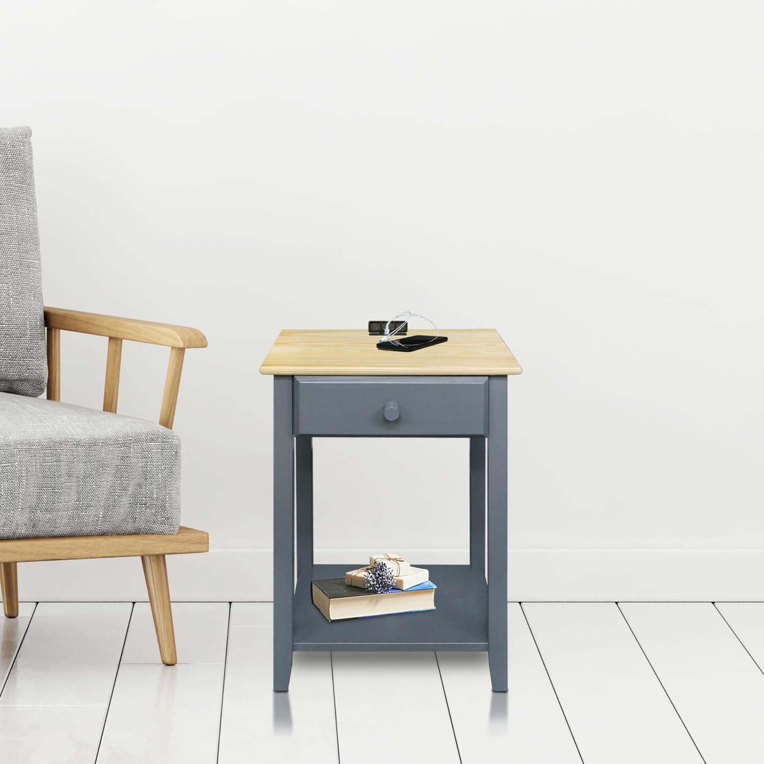 Casual Home Owl Night Stand with USB Port Charging Station and Drawer, 17.5"W x 14.25"D x 24.5"H, Espresso