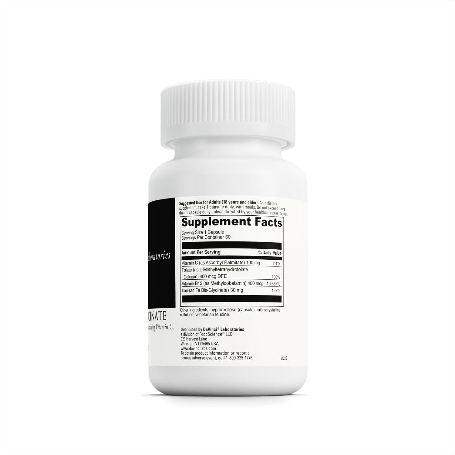 DAVINCI Labs Iron Bis-Glycinate - Gentle Iron Supplement for Women & Men - Help Support Hemoglobin Production & Normal Energy Levels with Vitamin C