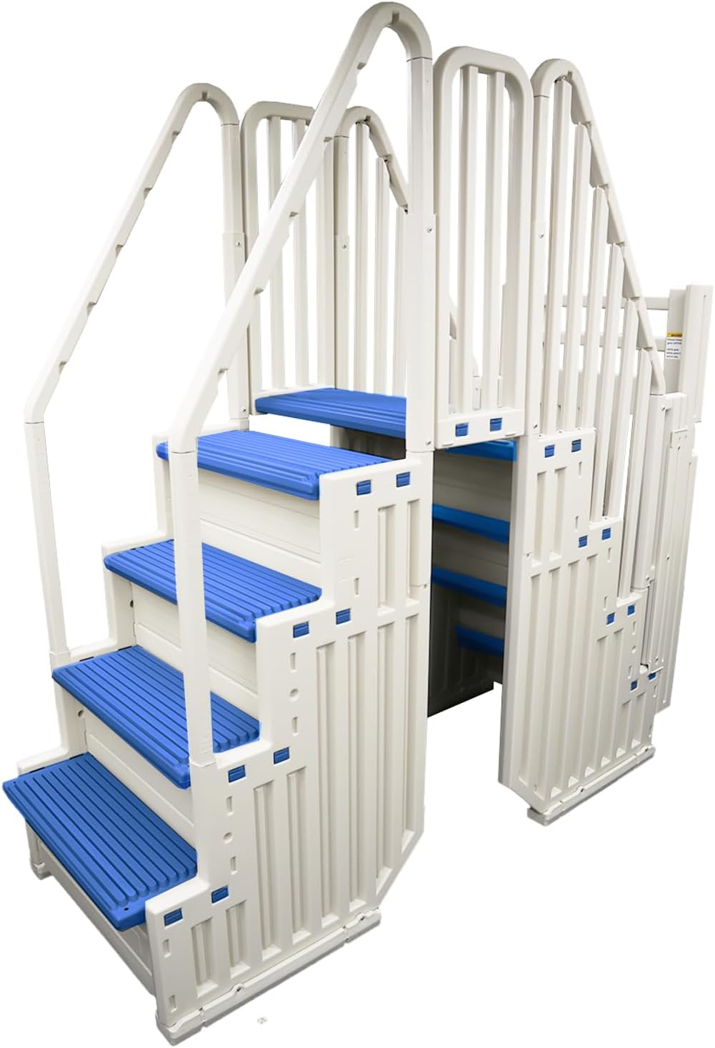 Confer Entry System for Above Ground Pools | White Frame with Blue Steps | All Resin Bridge System with Handrails and Gate