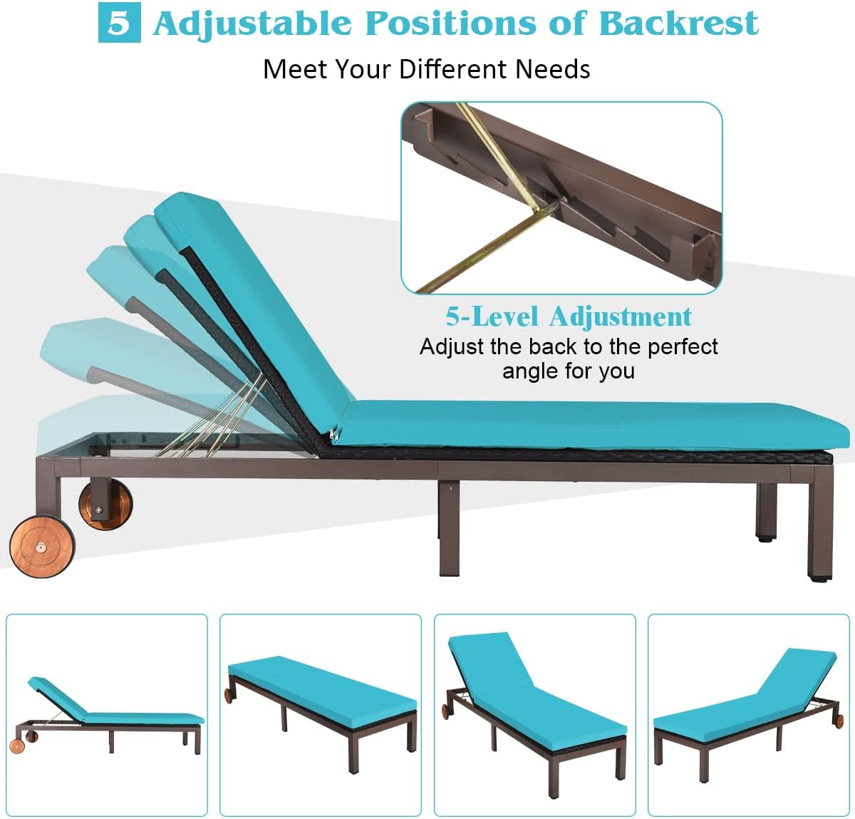 Tangkula Patio Chaise Lounge Chair, Outdoor Rattan Lounger Recliner Chair with Wheels, Wicker Chaise Chair W/Cushioned Seating