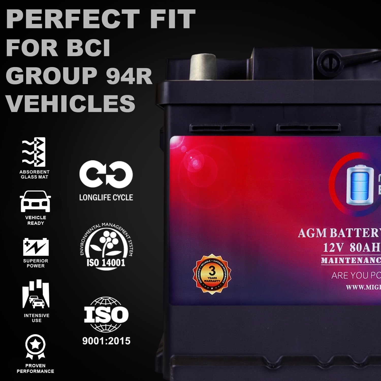Mighty Max Battery MM-H8 Start and Stop Car BCI Group 49 12V 95Ah, 160RC, 900 CCA Rechargeable AGM Car Battery