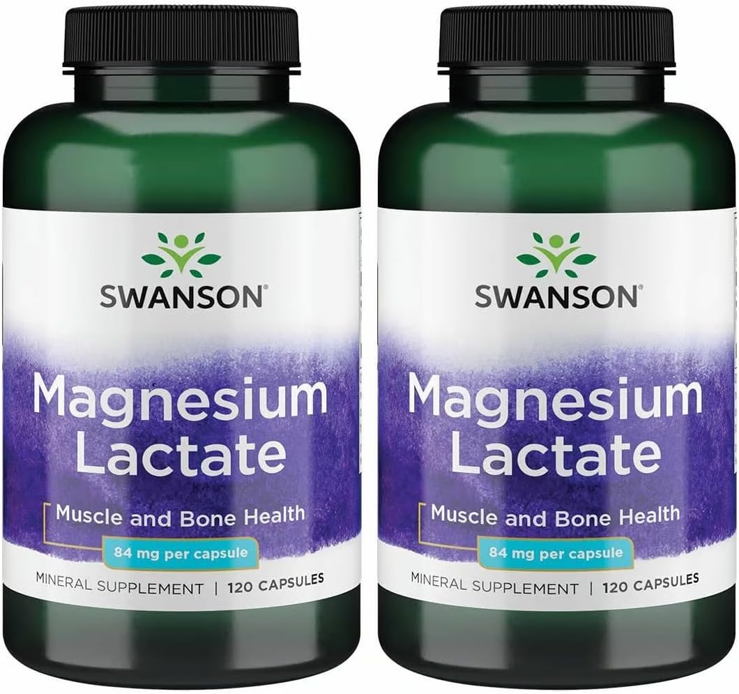 Swanson Magnesium Lactate Lactose-Free, 84 mg, 120 Capsules | Lactose-Free Mineral Supplement for Muscle and Bone Health Support, Gentle on the Stomach, Non-GMO and Gluten-Free