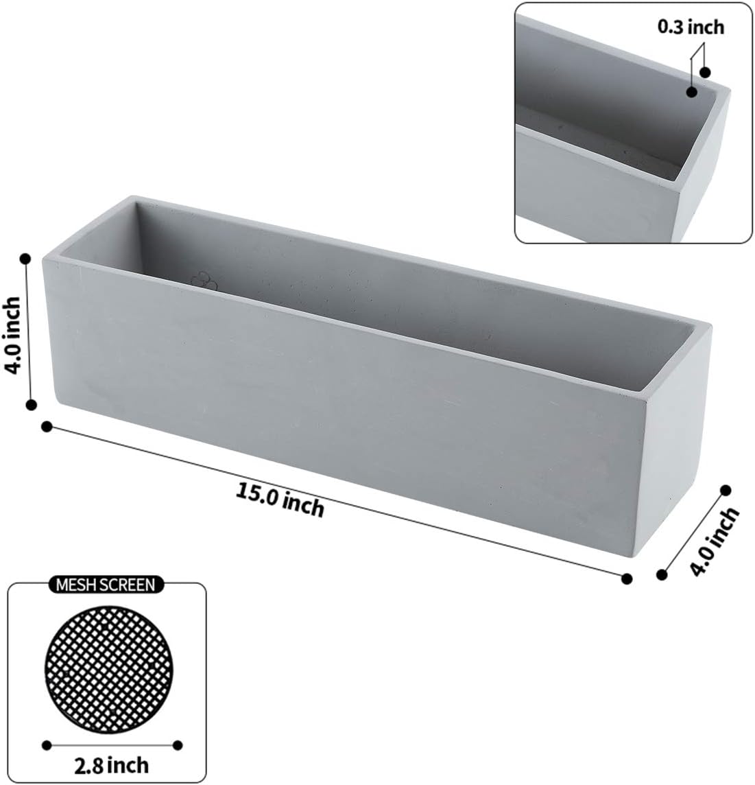 14.5-Inch Grey Rectangle Concrete Succulent Planter Windowsill Boxes