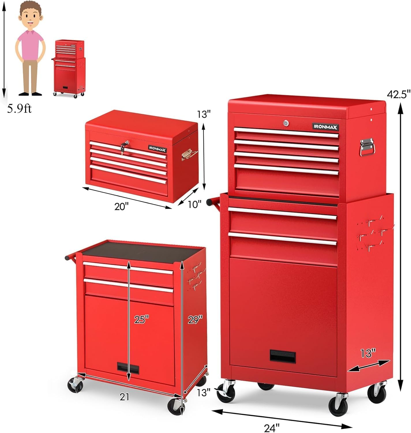 Goplus Rolling Tool Chest, 5-Drawer Tool Box Organizer w/Lockable Wheels & Sliding Drawers & Detachable Top & Adjustable Shelf, Tool Storage Cabinet for Garage Workshop (Red)