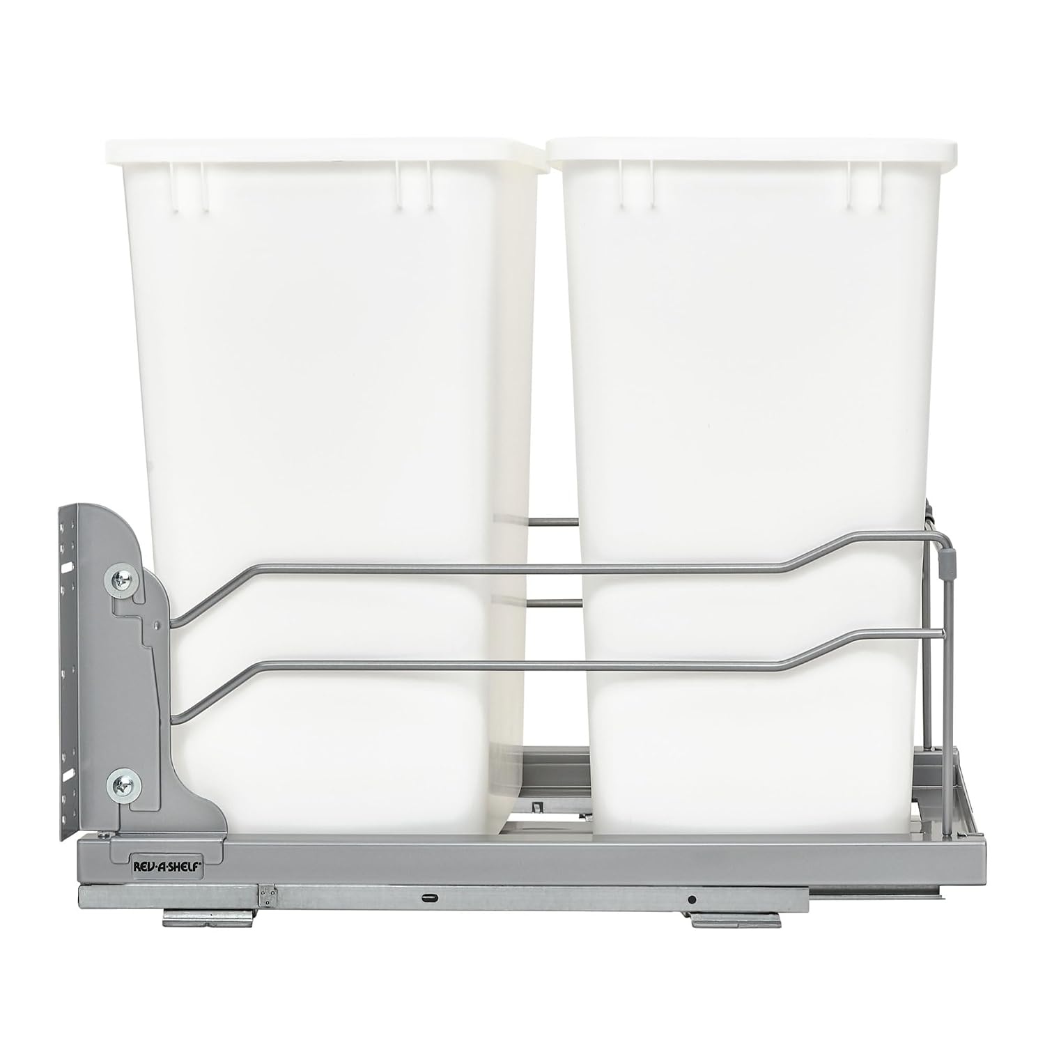 Rev-A-Shelf Double Pullout Trash Can w/Soft-Close Slides, 14.5" Min Opening | Large Capacity Garbage/ Recycling Waste Bins for Under Kitchen Cabinets, Heavy Gauge Wire Construction, 53WC-1835SCDM-217