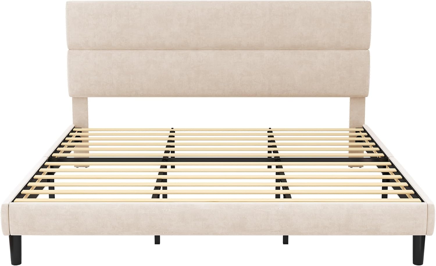 GRUSIGN Queen Size Platform Bed Frame with Velvet Headboard, Adjustable Height Wooden Slats Support, Upholstered Mattress Foundation, Fits Mattress or Mattress with Box Spring, Easy Assembly, Beige
