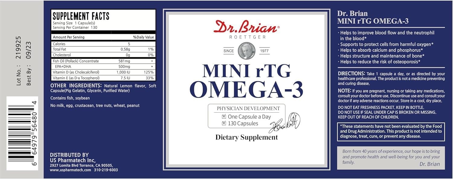 Dr.Brian Fish Oil Supplement 130 Softgel, Highly Absorbed rTG Mini Omega 3 Fish Oil Capsule with EPA/DHA Fatty Acids Vitamin D E