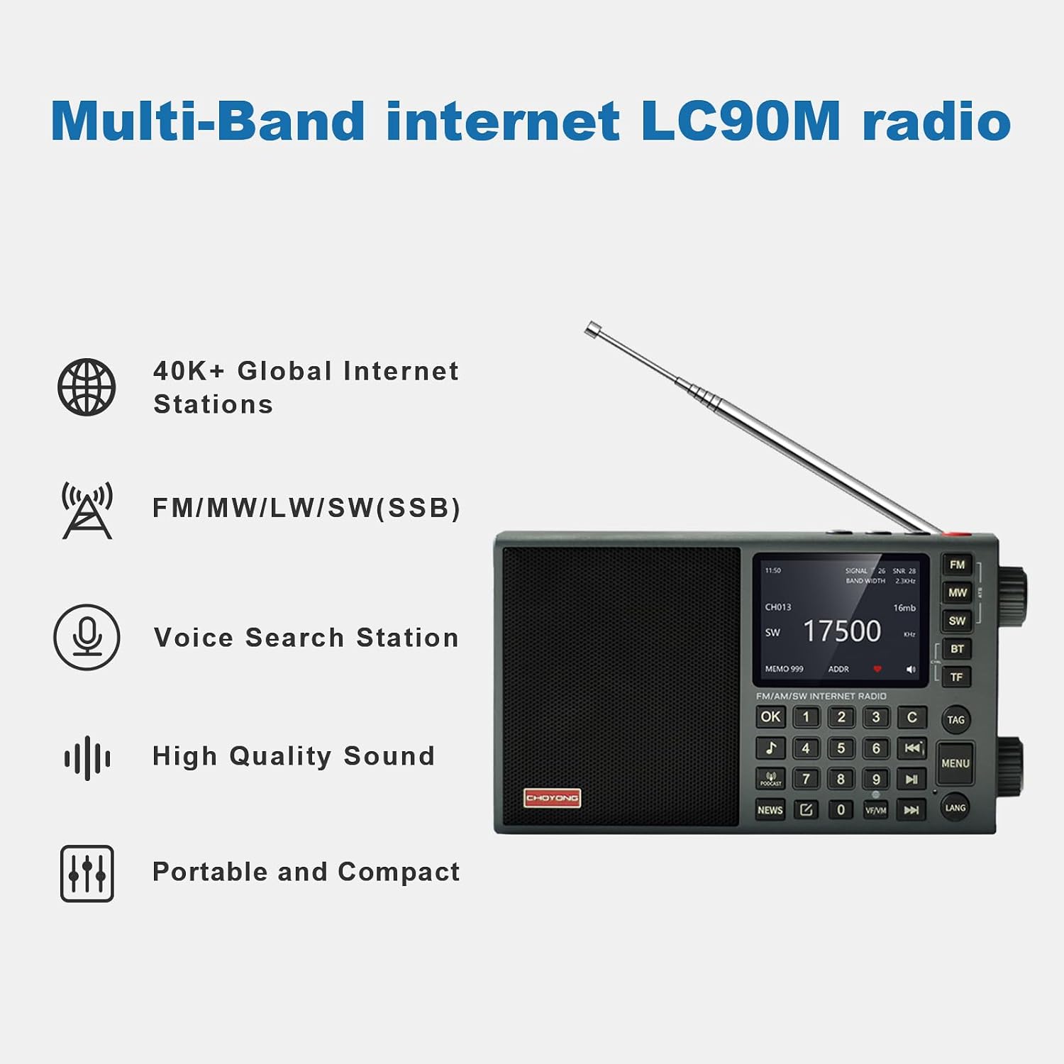 CHOYONG LC90 Mini Multi-Band Smart Internet Radio Portable AM/FM/SW/MW | 40k+ Global Internet Radio Stations with Stortwave SSB Receiver, Bluetooth