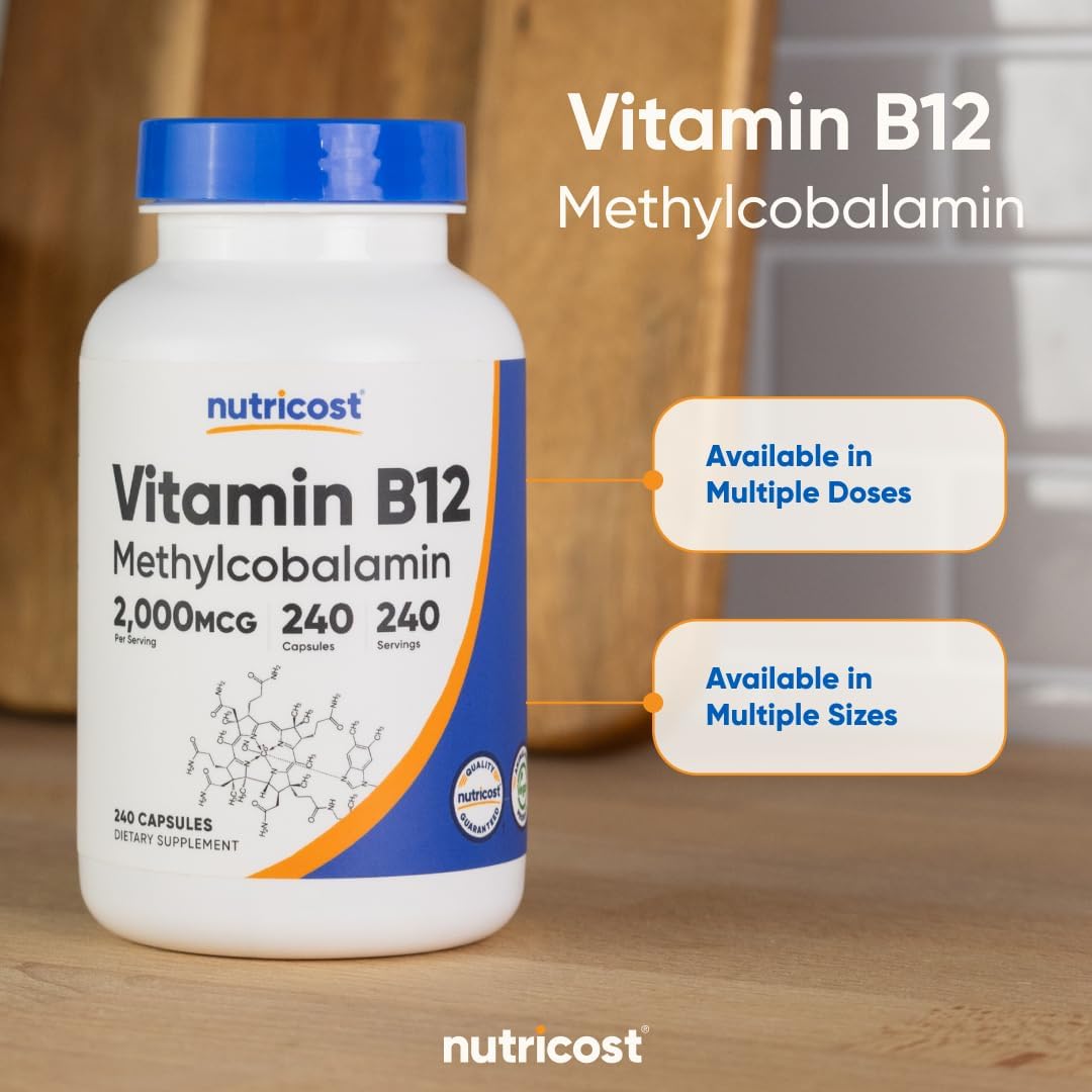 Nutricost Vitamin B12 (Methylcobalamin) 2000mcg, 240 Capsules, Gluten Free | Vegetarian Caps, GMO-Free, B12 Supplement
