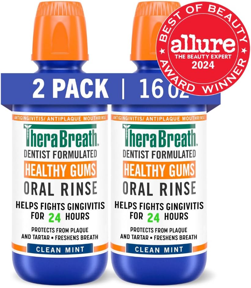 TheraBreath Healthy Gums Oral Rinse, Antigingivitis, Clean Mint Flavor, Dentist Formulated to Help Prevent Gingivitis and Support Gum Health, Alcohol Free, 16 Fl Oz (Pack of 2)