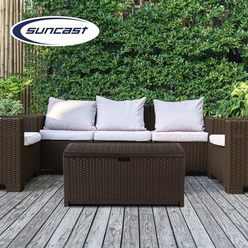 Suncast Outdoor Storage Box - 73 Gallon Mocha Brown Deck Box for Patio, weather-resistant Outdoor Storage Bench, Resin Wicker Style, Heavy-Duty, Lockable Lid for Cushions, Shoes, Pool & Garden Gear