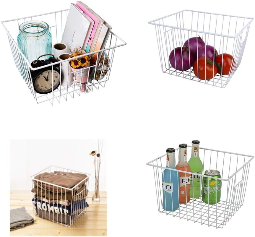 Freezer Organizer Bin, Kitchen Metal Wire Storage Basket, Pantry Cupboard Household Container Divider with Handles, Bathroom, Closet, Bedroom, Office
