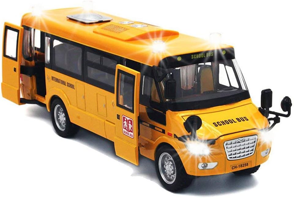 9" Pull Back Die-cast School Bus Toy | Light Up & Sounds Die-cast Metal Toy Vehicles with Bright Yellow and Openable Doors