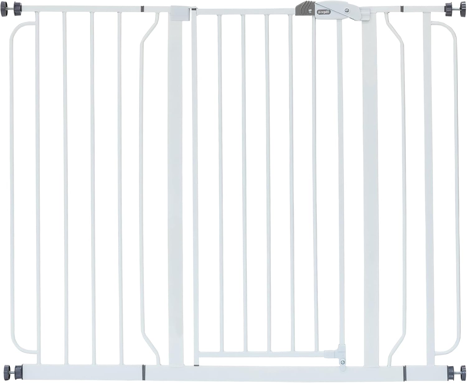 Regalo Safety 29"-49" Extra Wide Baby Gate, Bottom of Stairs & Doorways | Pressure Mounted with Door, For Babies, Toddlers & Pets, White, Tested & Trusted for 30 Years