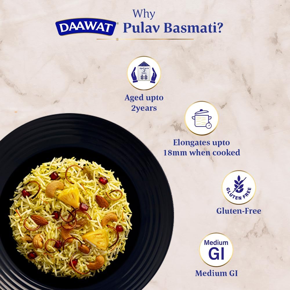 Daawat Pulav Basmati Rice | Naturally Aged Long & Slender Grains | Fluffy Non-Sticky Texture | Perfect for Pulav & Everyday Meals, 1 kg (2.2 lb)