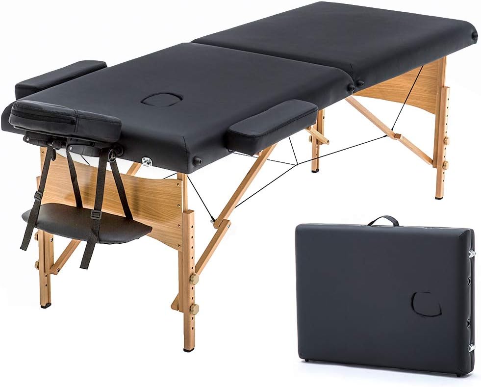 BestMassage | Portable Massage Table | 24" Wide, Black PU Leather | Lightweight, 2-Fold Massage Table with Height Adjustment, 450lbs Capacity, Carry Bag | For Massage, Facial, Tattoo, Home, Spa