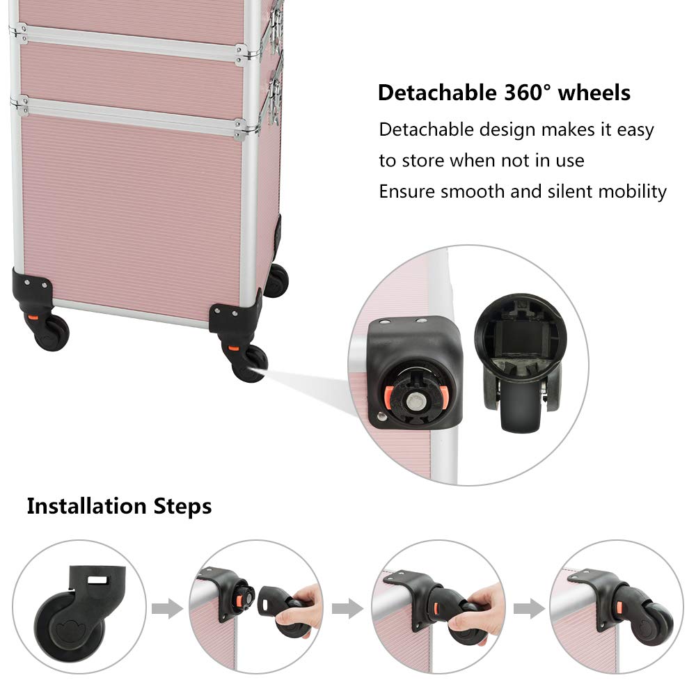 mefeir 4 in 1 Rolling Makeup Train Case, Aluminum Makeup Travel Organizer Cosmetic Case, Cosmetology Display Suitcase on Wheels, Beauty Storage Luggage Lockable w/4 Removable Wheels (Black)