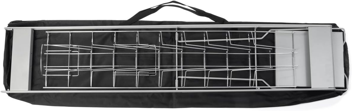 Displays2go Portable Magazine Rack, Black, 54" h Floor-standing | 10 Pockets for 8.5x11 Catalogs, Carry Bag Included, Tiered Design, Steel, NCYBRCHBLK