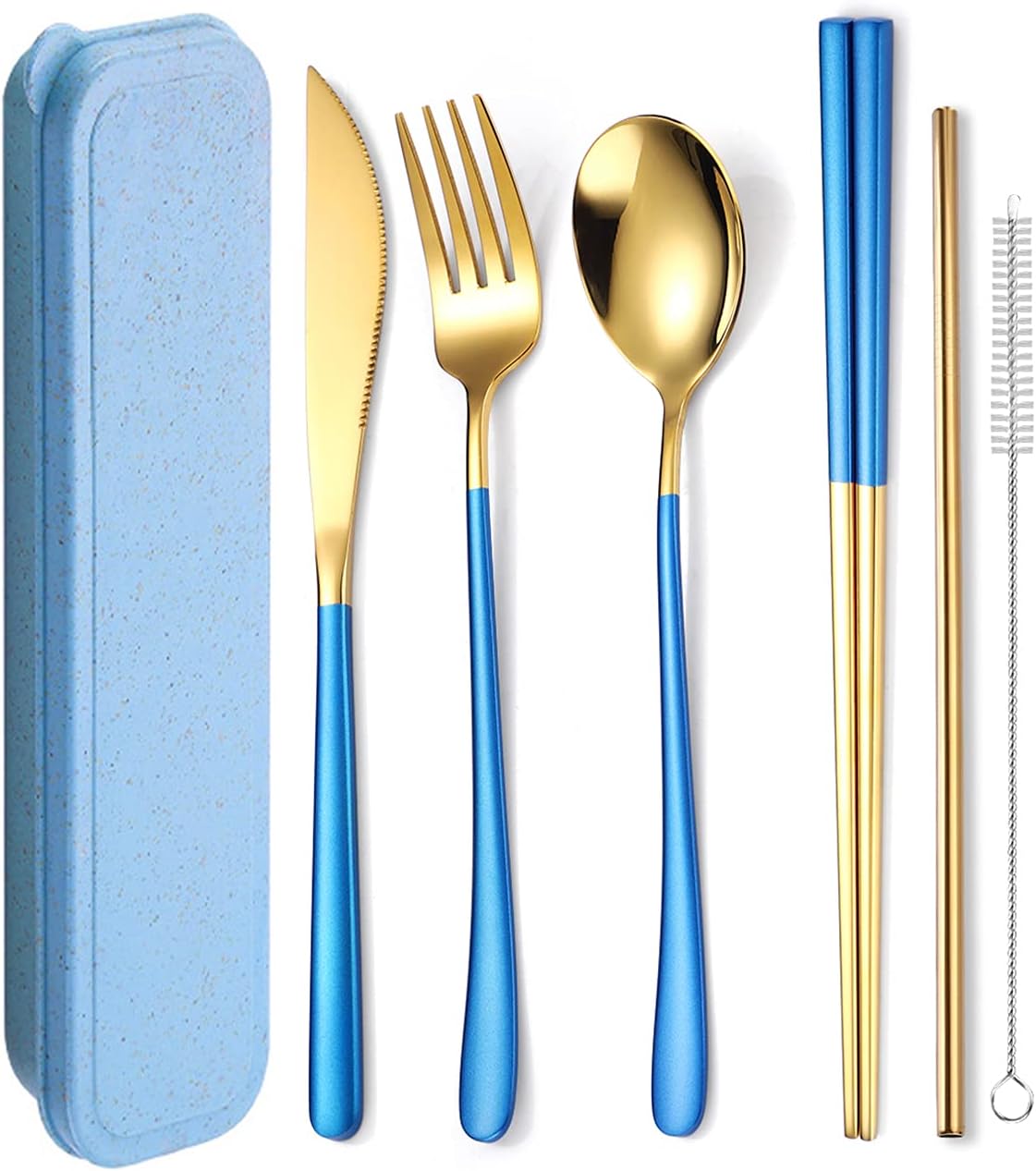 AARAINBOW 6 Pieces 18/8 Stainless Steel Flatware Set Portable Reusable Cutlery Set Travel Utensils Set Including Chopsticks Knife Fork Spoon Straws