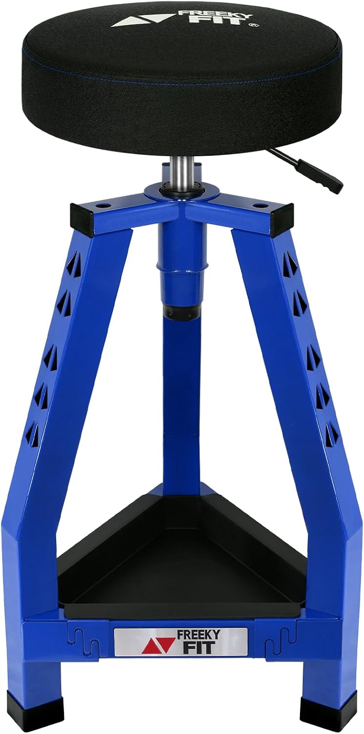 Adjustable Shop Stool,Garage Mechanic Stool Chair,Work Seat for Workshop, Adjustable Height, 360° Swivel Padded Square Seat,Tool Storage, 350 LBS Capacity, Heavy Duty, Blue