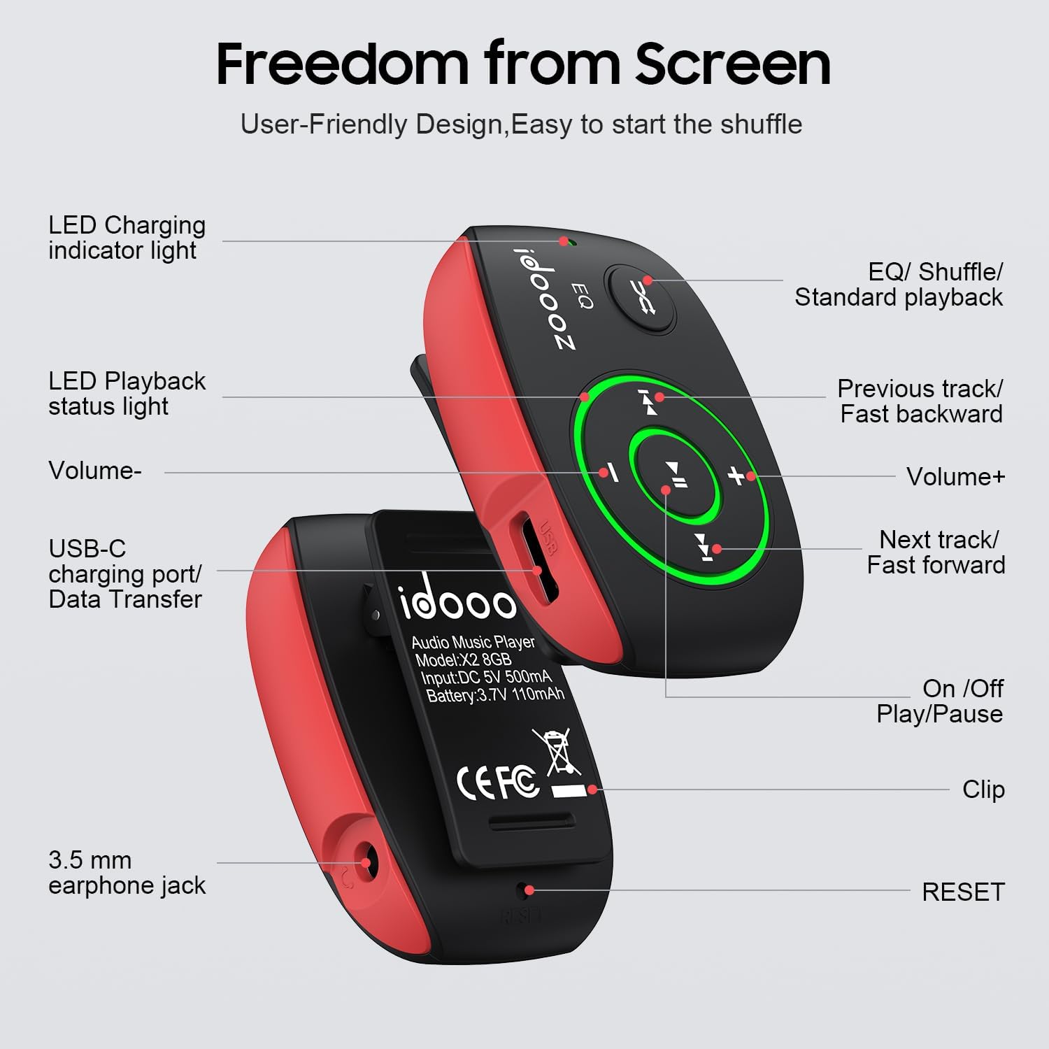 Clip MP3 Player with LED Light, idoooz 8GB X2 Mini MP3 Music Player | Clip-On MP3 Player With Shuffle and Loop Playback for Sports, Gym, Jogging