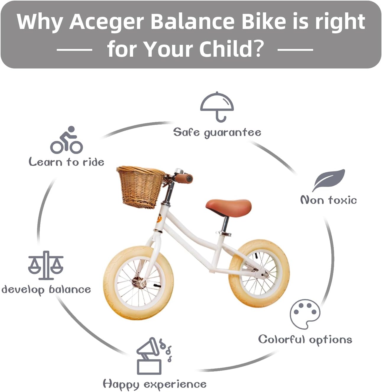 ACEGER 12" Kids Balance Bike with Basket, No Pedal Toddler Bicycle for Early Learning Leg Strength and Steady Balancing