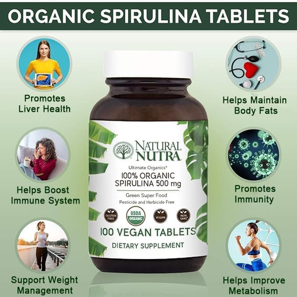 Natural Nutra 100% USDA Organic Spirulina Tablets, Helps Maintain Body Fats, Promotes Liver Health, Promotes Immune System, Helps Improve Metabolism