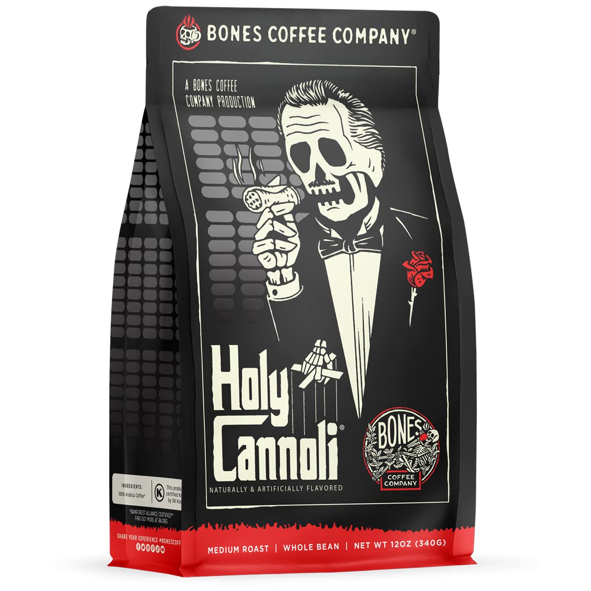 Bones Coffee Company Highland Grog, Butterscotch Caramel Flavored Coffee, Medium Roast Low Acid Arabica Beans Compatible with Auto drip and French Press Coffee Maker, 12 Oz Whole Bean