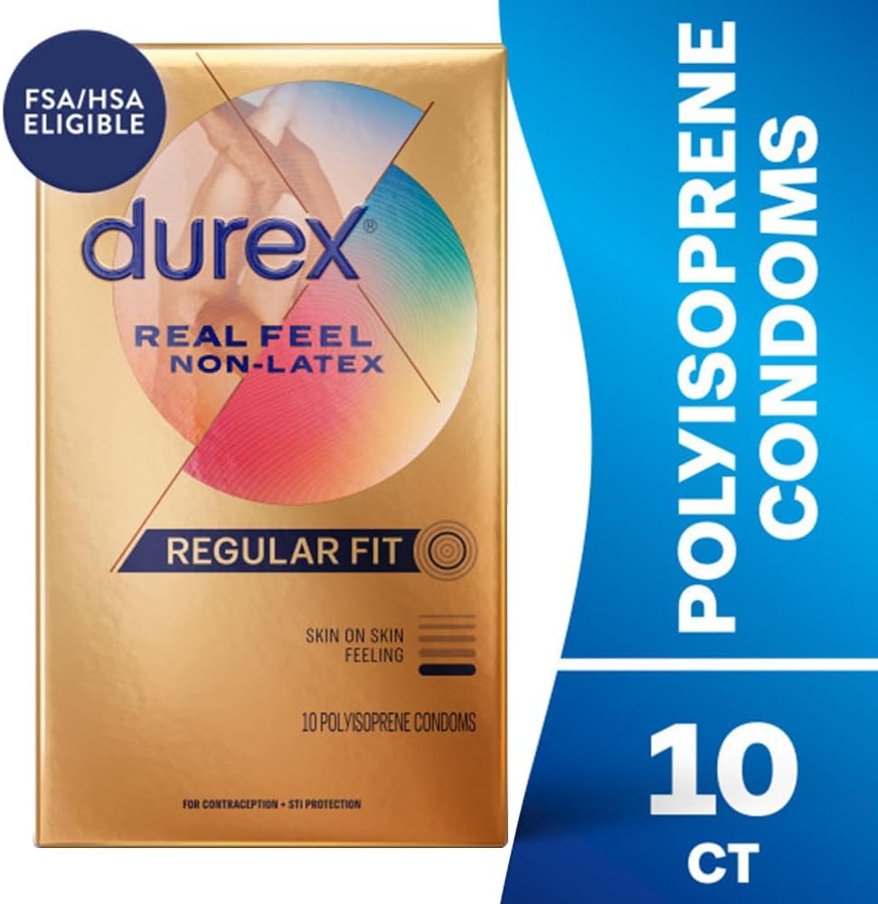Durex Real Feel Non Latex Condoms, Lubricated Latex Free Condoms for Men, Natural Skin on Skin Feeling, 10 Count