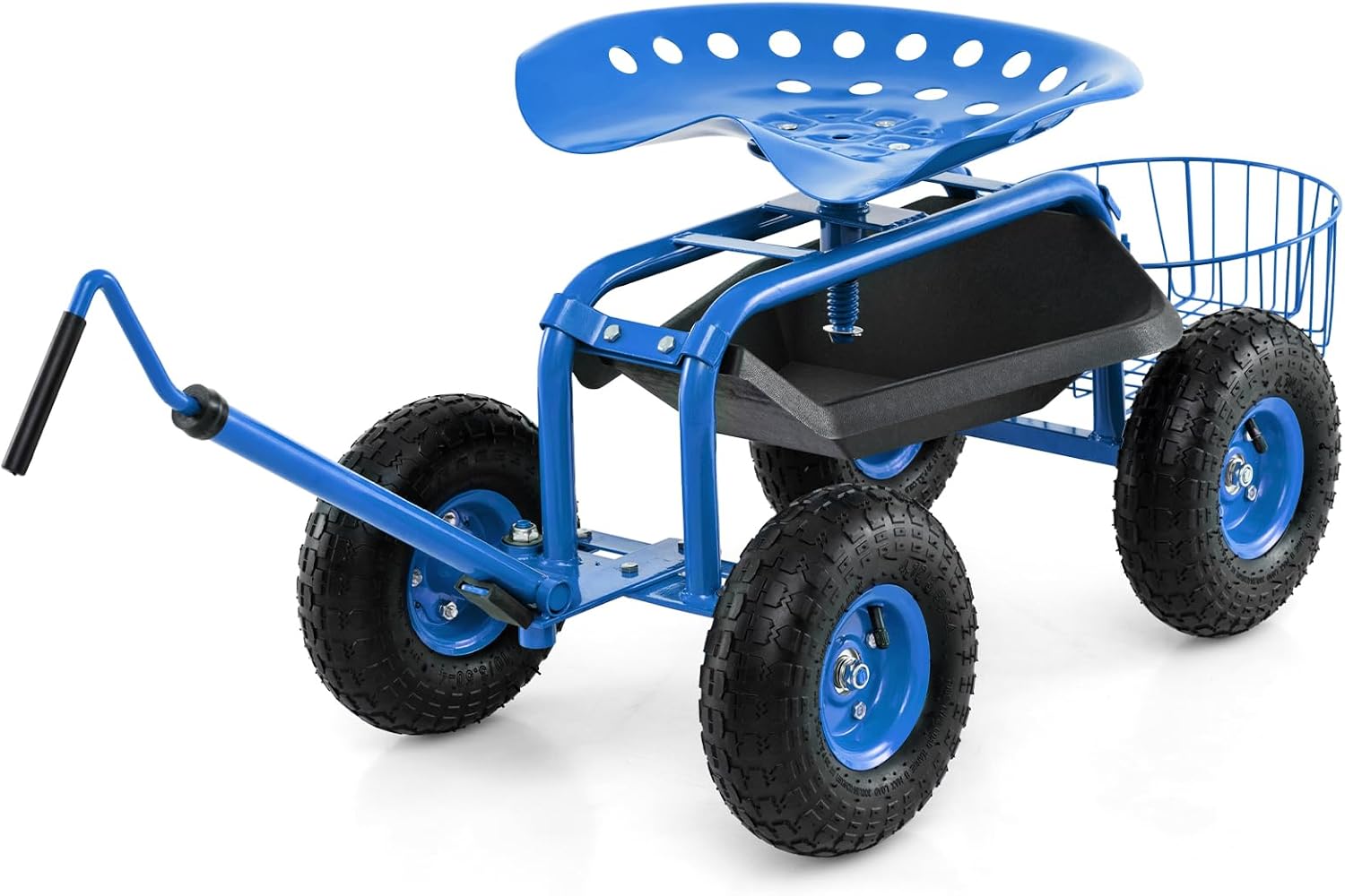 Goplus Rolling Garden Cart with Seat, Outdoor Garden Stool with Wheels, Tool Tray & Basket, Adjustable Steering Handle